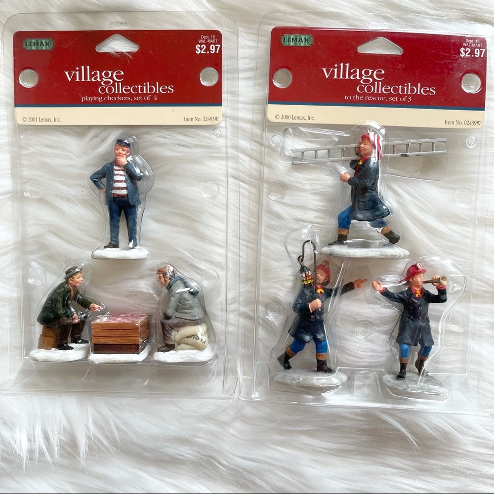 VTG Lemax Christmas Figurines, 2 Blister Packs, Fire Fighters, Checkers Players